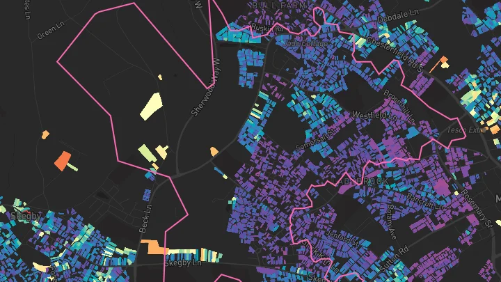 House price heatmap showing property values across Mansfield
