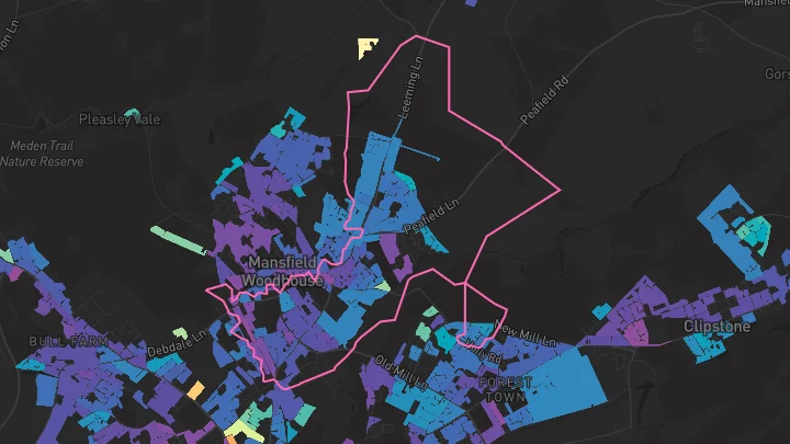 House price heatmap showing property values across Mansfield Woodhouse