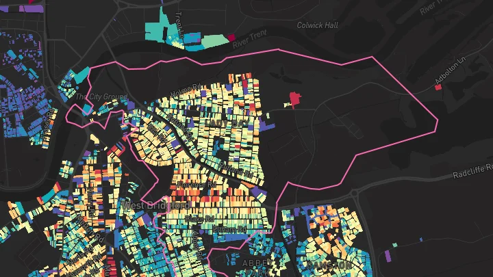 House price heatmap showing property values across West Bridgford