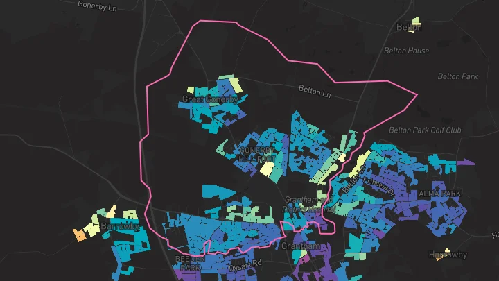 House price heatmap showing property values across Grantham