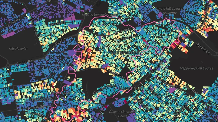 House price heatmap showing property values across Woodthorpe