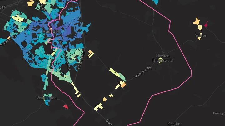 House price heatmap showing property values across Rushden