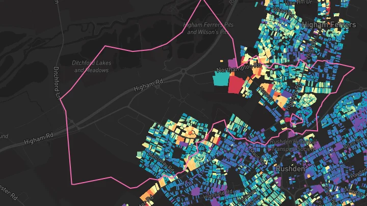 House price heatmap showing property values across Rushden