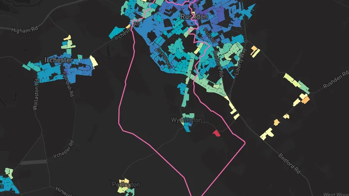 House price heatmap showing property values across Rushden