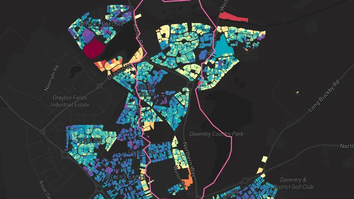 House price heatmap showing property values across Daventry