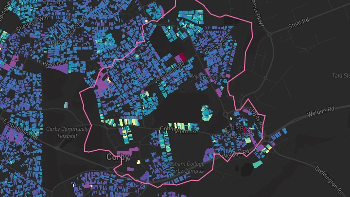House price heatmap showing property values across Corby