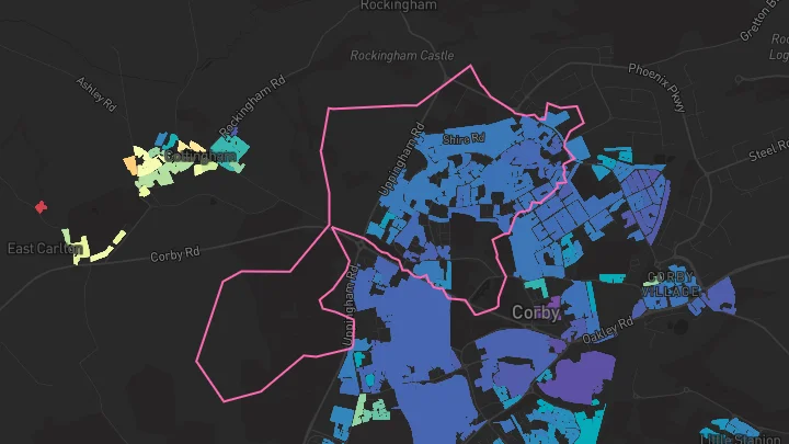 House price heatmap showing property values across Corby