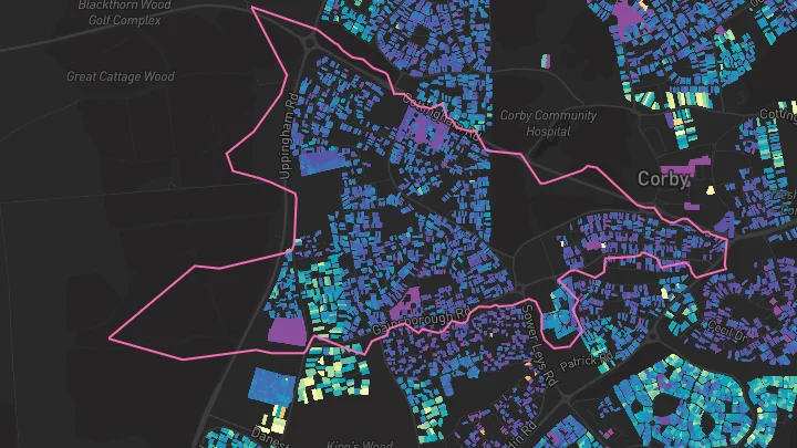 House price heatmap showing property values across Corby