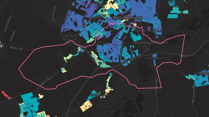 House price heatmap showing property values across Wellingborough