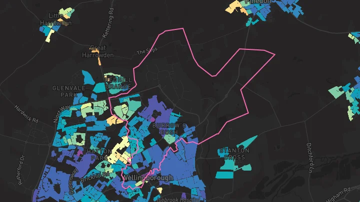 House price heatmap showing property values across Wellingborough