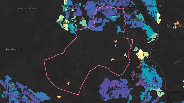 House price heatmap showing property values across Coed Eva