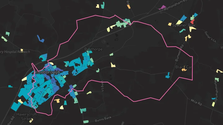 House price heatmap showing property values across Attleborough