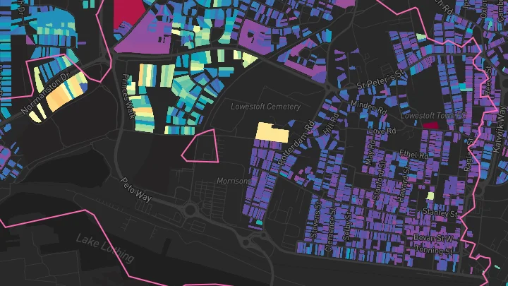 House price heatmap showing property values across Lowestoft