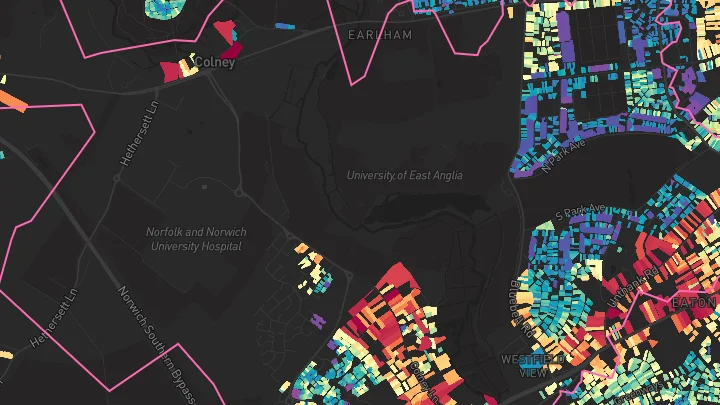 House price heatmap showing property values across Cringleford