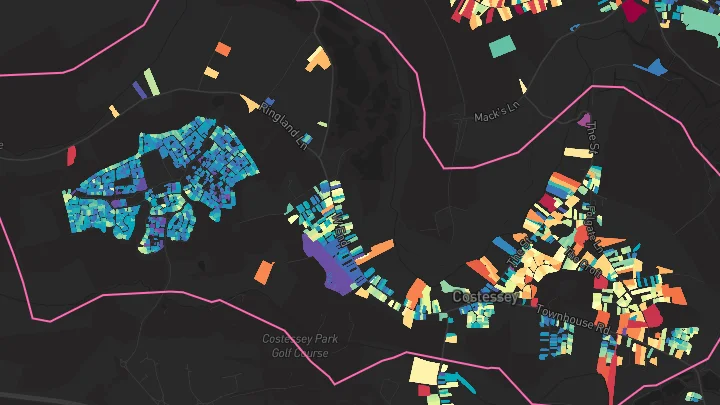 House price heatmap showing property values across Costessey