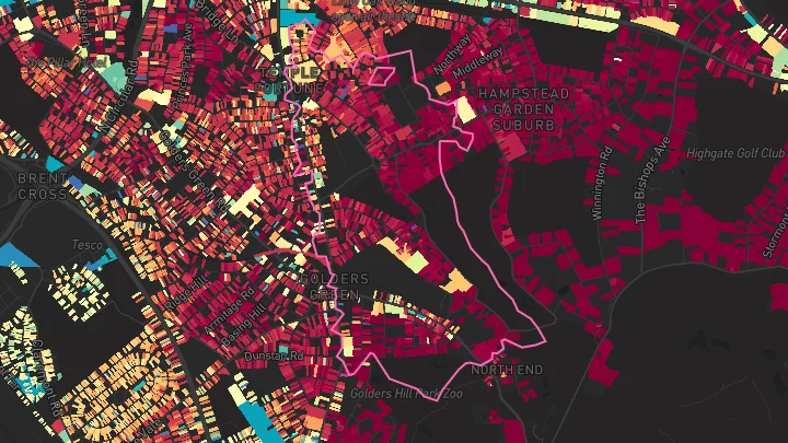 House price heatmap showing property values across Golders Green