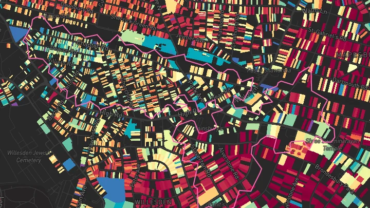 House price heatmap showing property values across Willesden Green