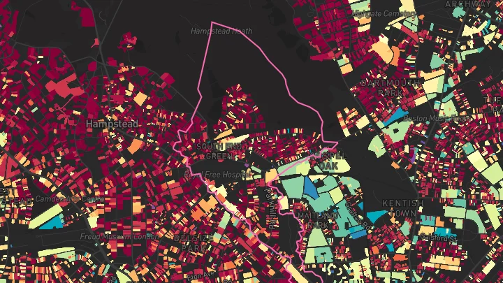 House price heatmap showing property values across Hampstead Heath