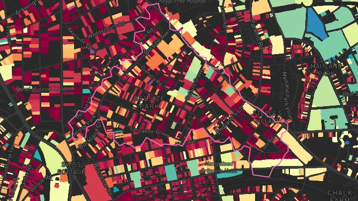 House price heatmap showing property values across Belsize Park