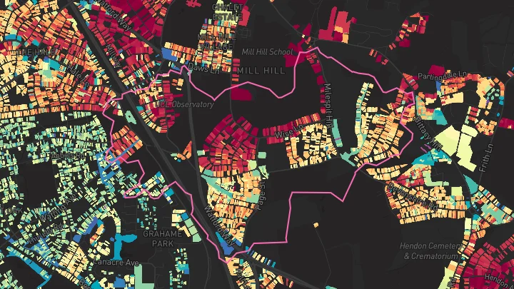 House price heatmap showing property values across Mill Hill Broadway