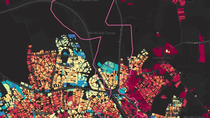 House price heatmap showing property values across Mill Hill Broadway