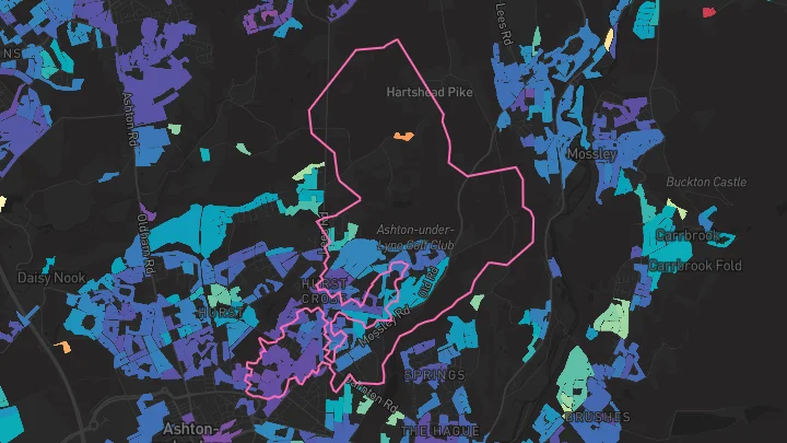 House price heatmap showing property values across Ashton-Under-Lyne