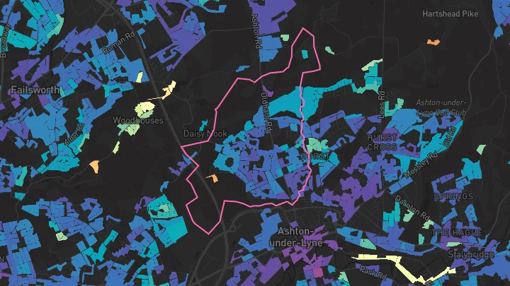 House price heatmap showing property values across Ashton-Under-Lyne