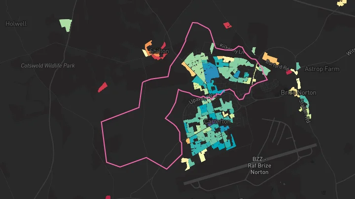 House price heatmap showing property values across Carterton