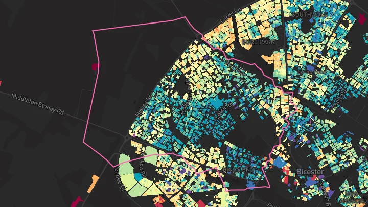 House price heatmap showing property values across Bicester