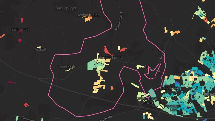 House price heatmap showing property values across Minster Lovell