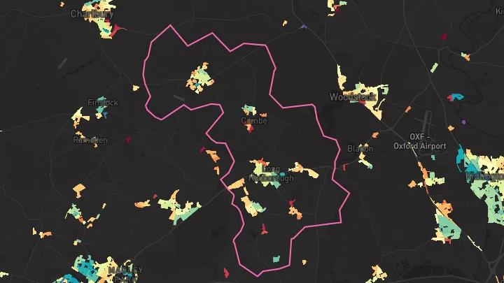 House price heatmap showing property values across Long Hanborough