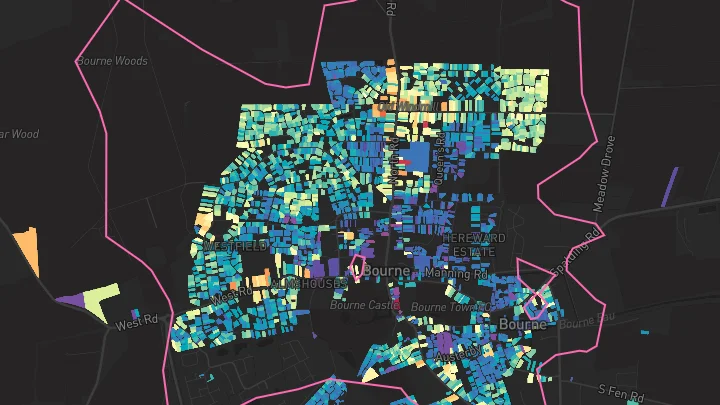 House price heatmap showing property values across Bourne