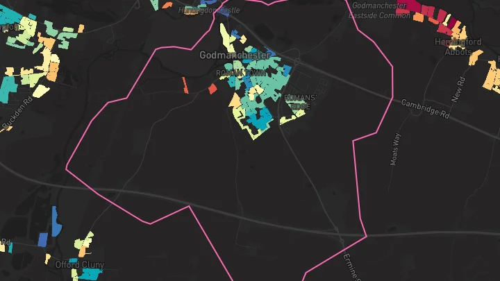 House price heatmap showing property values across Godmanchester