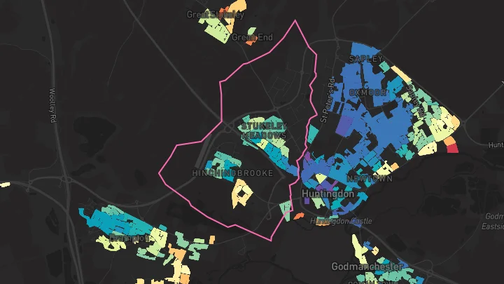 House price heatmap showing property values across Huntingdon
