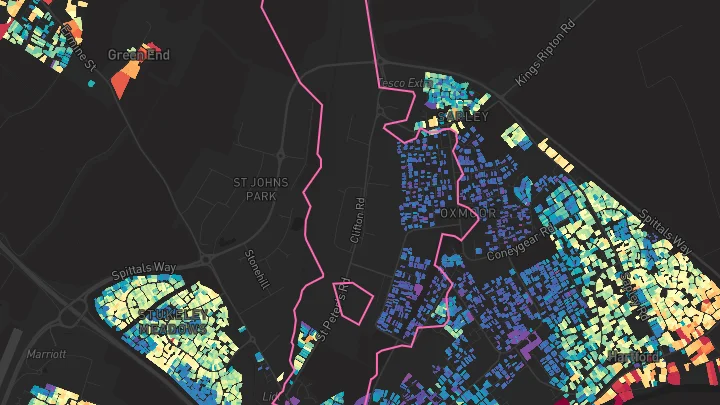 House price heatmap showing property values across Huntingdon