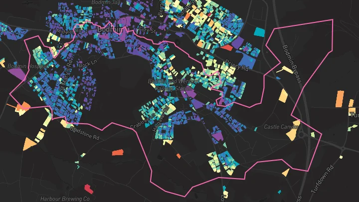 House price heatmap showing property values across Bodmin