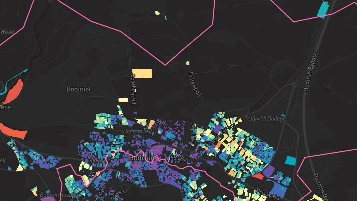 House price heatmap showing property values across Bodmin