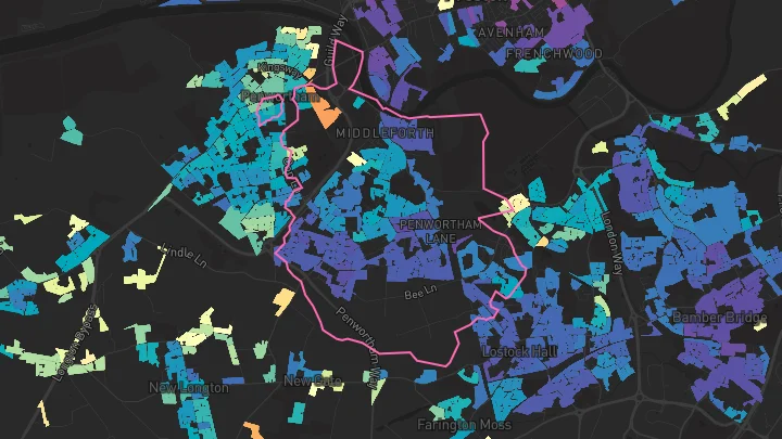 House price heatmap showing property values across Penwortham