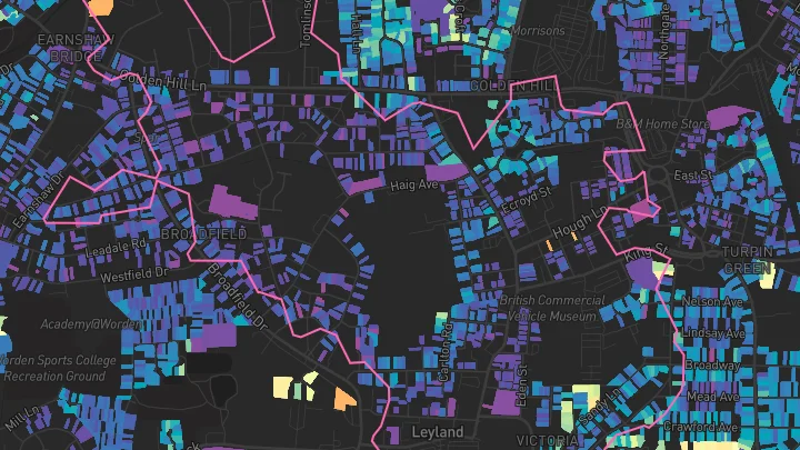 House price heatmap showing property values across Leyland