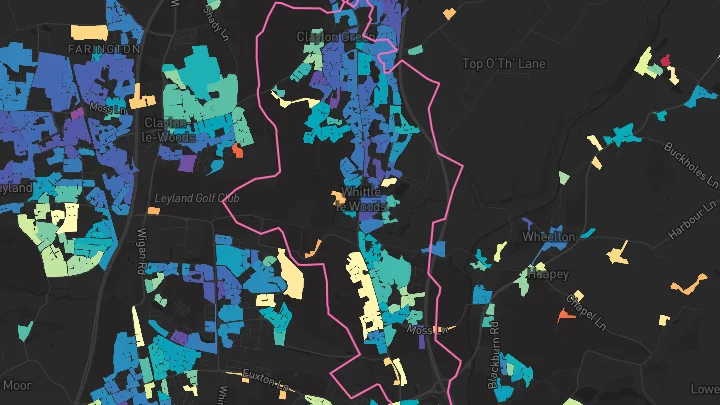 House price heatmap showing property values across Clayton Le Woods