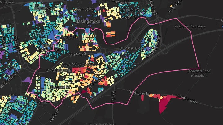 House price heatmap showing property values across Basingstoke