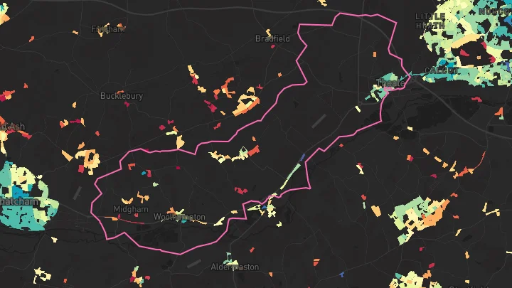 House price heatmap showing property values across Theale