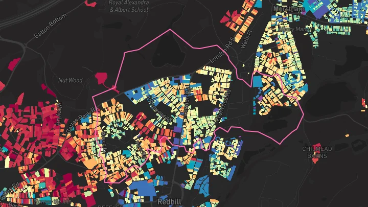House price heatmap showing property values across Redhill