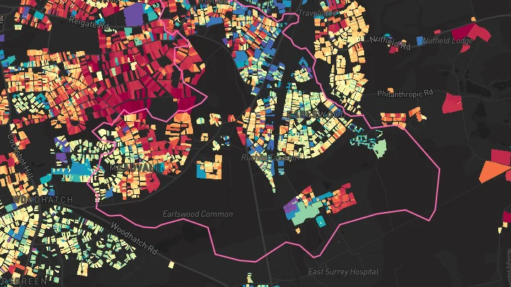 House price heatmap showing property values across Redhill