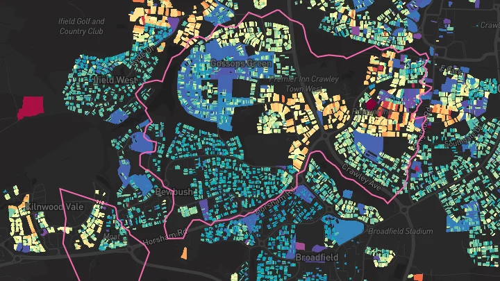 House price heatmap showing property values across Crawley