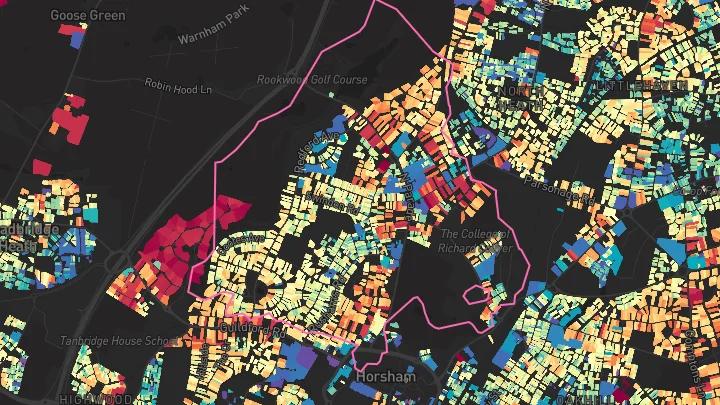 House price heatmap showing property values across Horsham