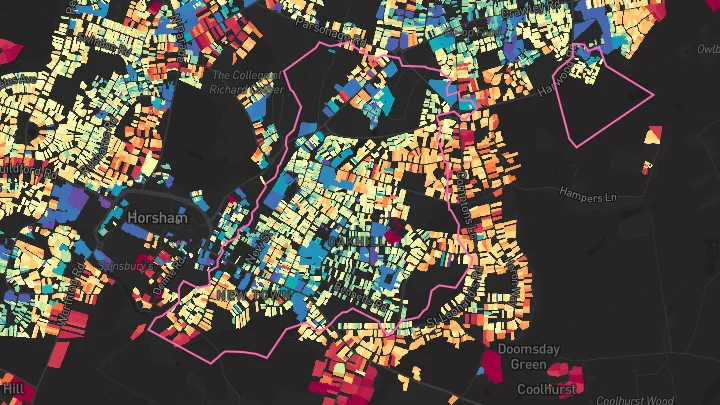 House price heatmap showing property values across Horsham