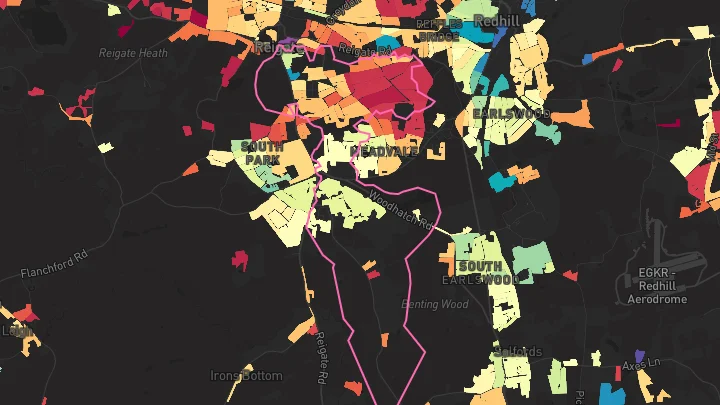 House price heatmap showing property values across Reigate