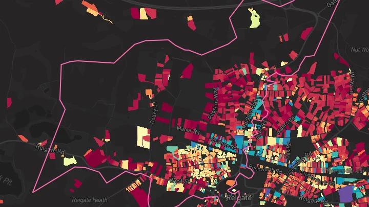 House price heatmap showing property values across Reigate