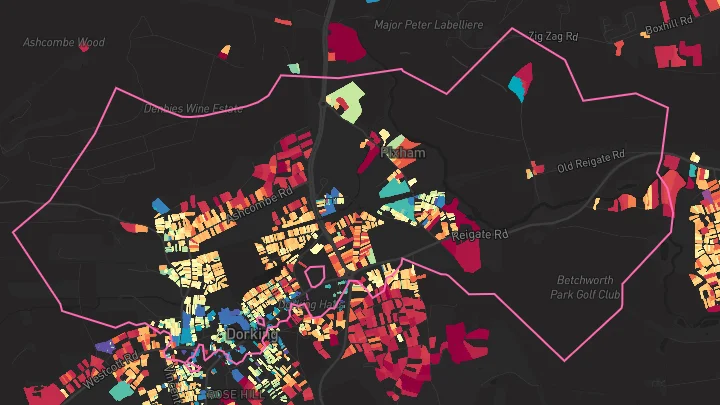 House price heatmap showing property values across Dorking